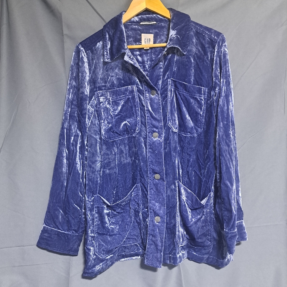 GAP Womens Large Blue Button Down Velvet Jacket Shirt Pockets No‎ Belt 2017